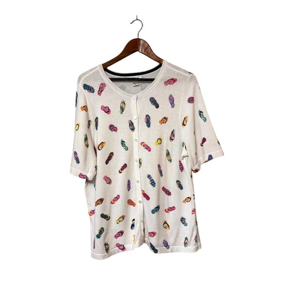 CJ Banks Sweaters - CJ Banks Womens Cardigan With Flip Flop Print White 3/4 Sleeve Button-Up Size X